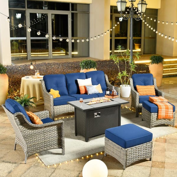 Toject Eureka 6-piece Modern Wicker Outdoor Patio Conversation Sofa Seating Set with Metal Fire Pit and Navy Blue Cushions