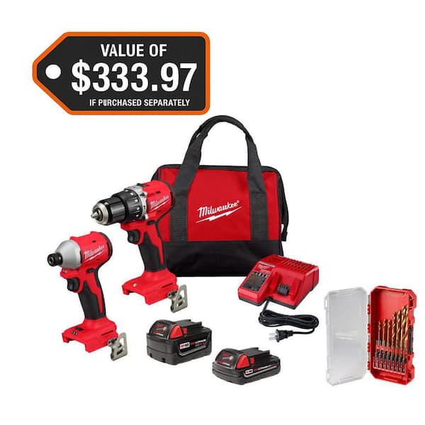 M18 18-Volt Lith-Ion Brushless Cordless Compact Hammer Drill/Impact Combo Kit (2-Tool) with (2) Batteries, Drill Bit Set