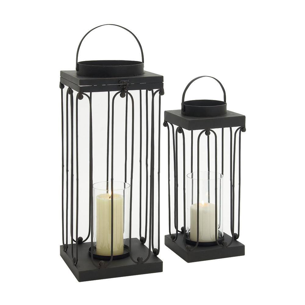 Elegant Matte Black Tin and Glass Hanging Candle Lanterns, Set of 2