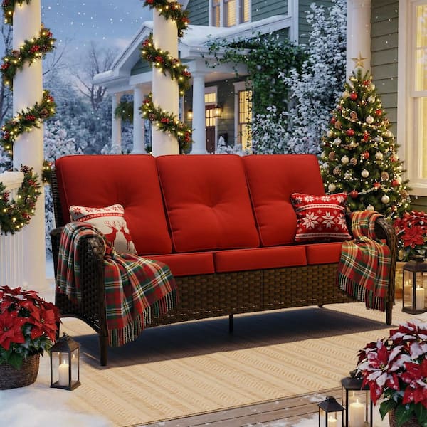 3-Seat Deep Brown Wicker Outdoor Couch Patio Sofa with Red Cushions