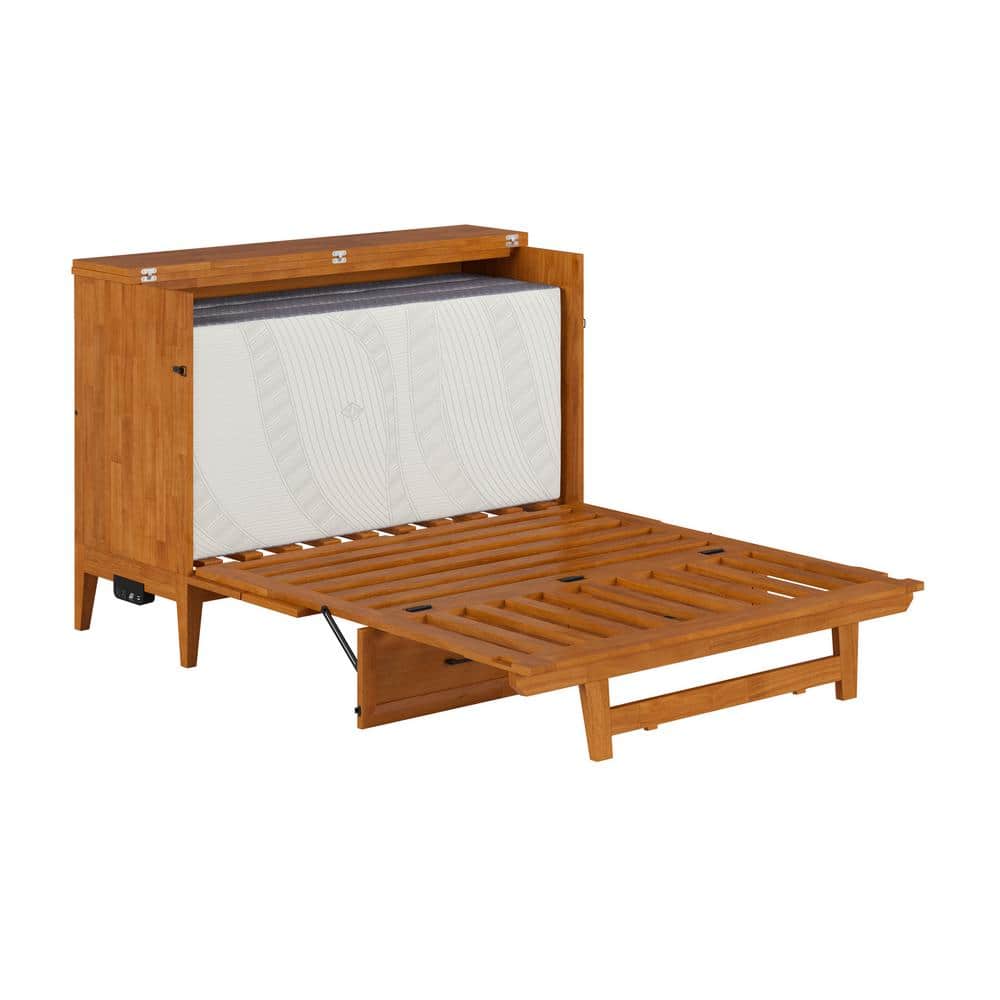 Light Toffee Full Wood Murphy Bed Chest with Mattress and USB Charger