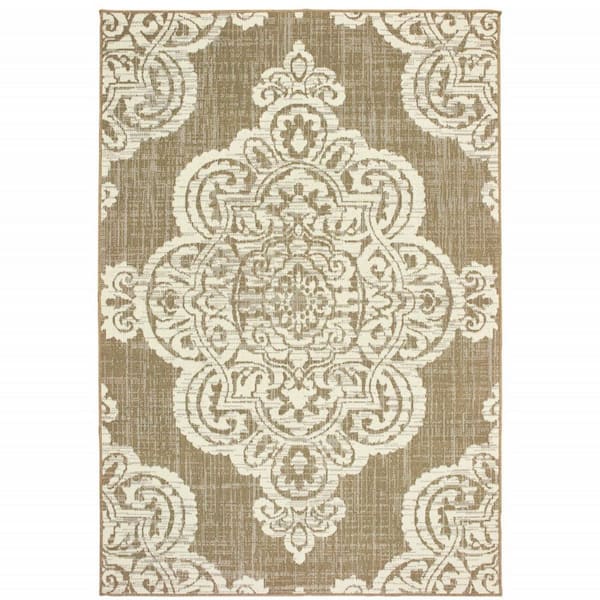 Tan 7 ft. x 10 ft. Loomed Oriental Polypropylene Rectangle Indoor/Outdoor Area Rug