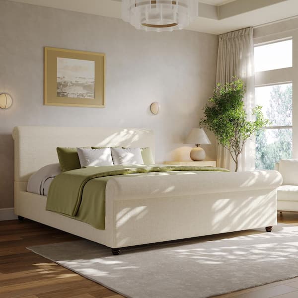 Sabley Modern Beige Linen Fabric Upholstered Wood Frame Queen Size Platform Bed w/ Thick Rolled Headboard and Footboard