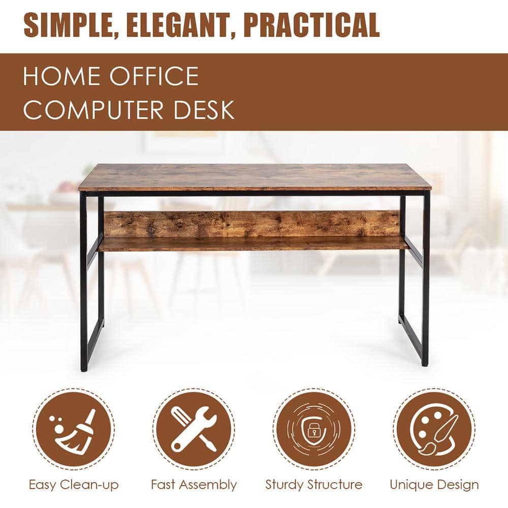 Antique 55'' Industrial Wood and Metal Computer Desk with Storage Shelf