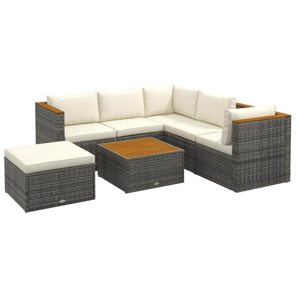 7-Piece Metal PE Rattan Patio Conversation Set with White Cushions, Adjusta