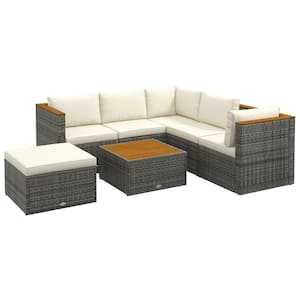 7-Piece Metal PE Rattan Patio Conversation Set with White Cushions, Adjustable Backrest Seat Panel, Acacia Wood Accents