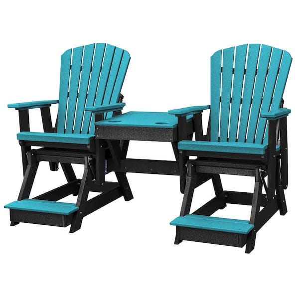 American Furniture Classics Adirondack Series 76 in. 2-Person Black Plastic Poly Resin Outdoor Counter Height Glider with Middle Table