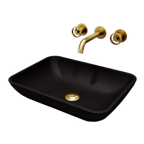 Sottile Glass Vessel Bathroom Sink in Black with Niko Faucet in Matte Gold Sottile Glass Vessel Bathroom Sink in Black with Niko Faucet in Matte Gold