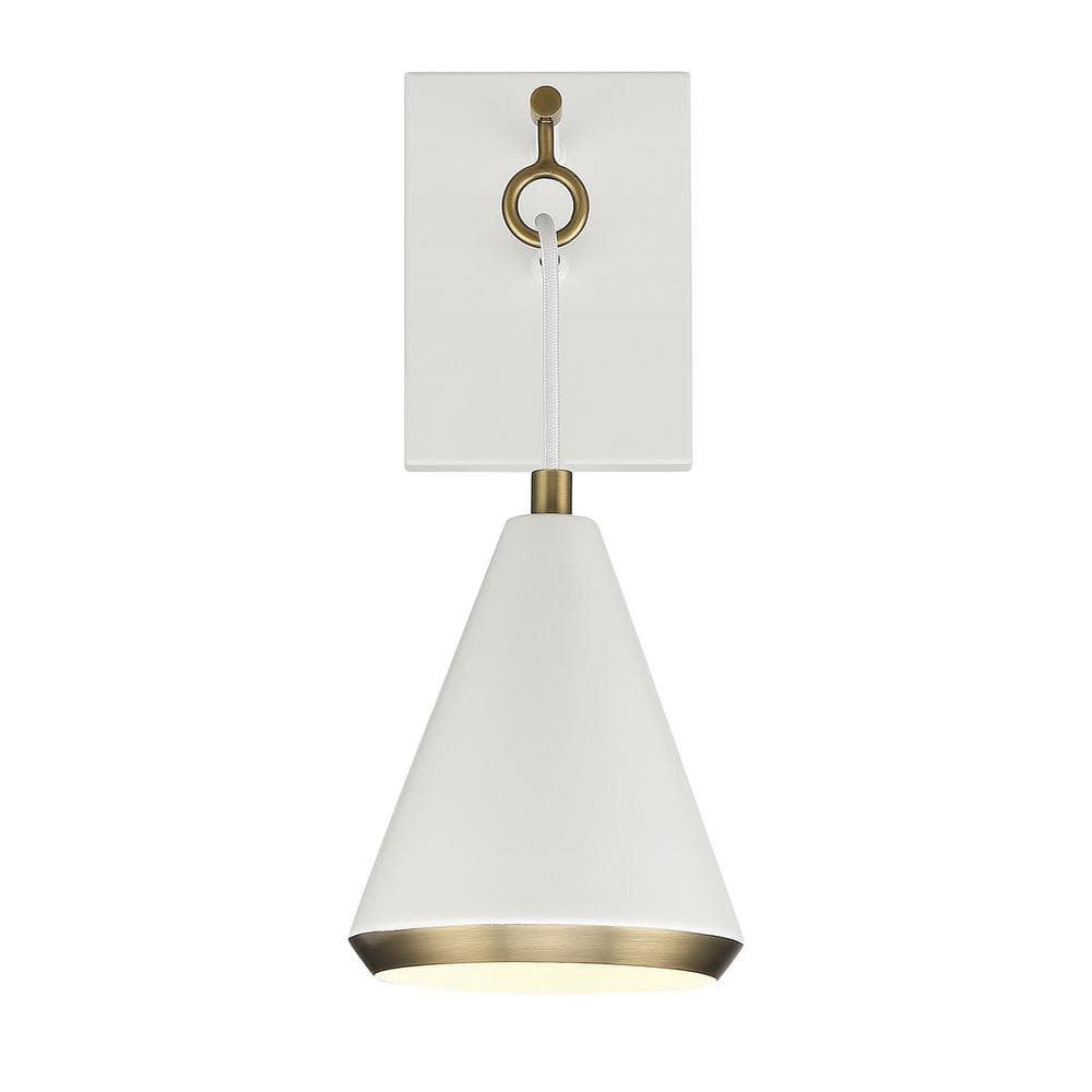 Contemporary White and Natural Brass Cone-Shaped Dimmable Sconce