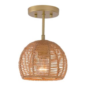 Collision 10 in. 1-Light Wood/Gold Semi-Flush Mount with Rope