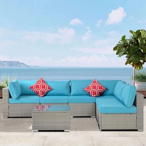 Gray 7-Piece Wicker Outdoor Sectional with Blue Cushions
