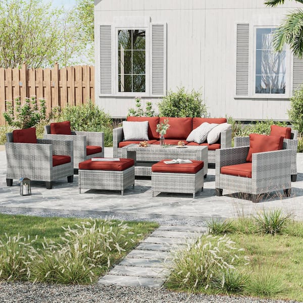 8-Piece Gray Wicker Patio Sofa Set Outdoor Furniture Set with Ottomans and Coffee Table, Rust Red