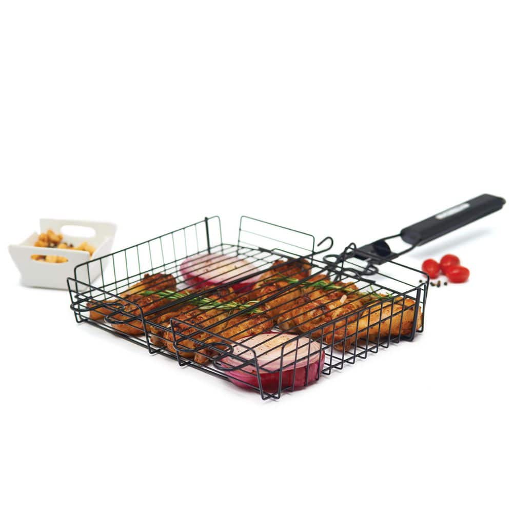 Non-Stick Black Steel Broiler Basket with Detachable Handle