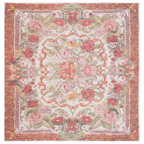 Besarabian Ivory/Sage  Rust 7 ft. x 7 ft. Machine Washable Border Floral Square Area Rug