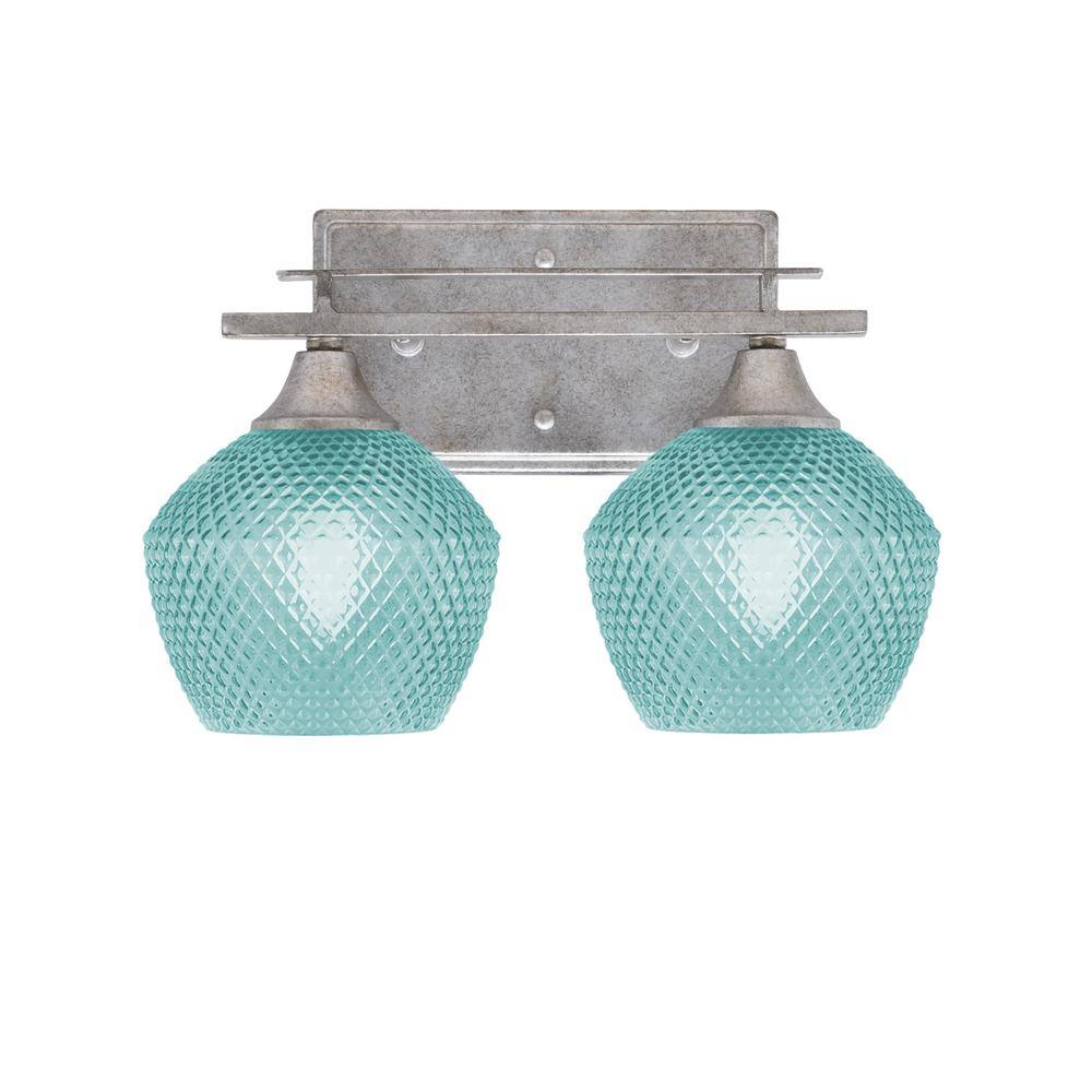 Ontario 13.25 in. 2-Light Vanity Light Aged Silver Turquoise Textured Glass