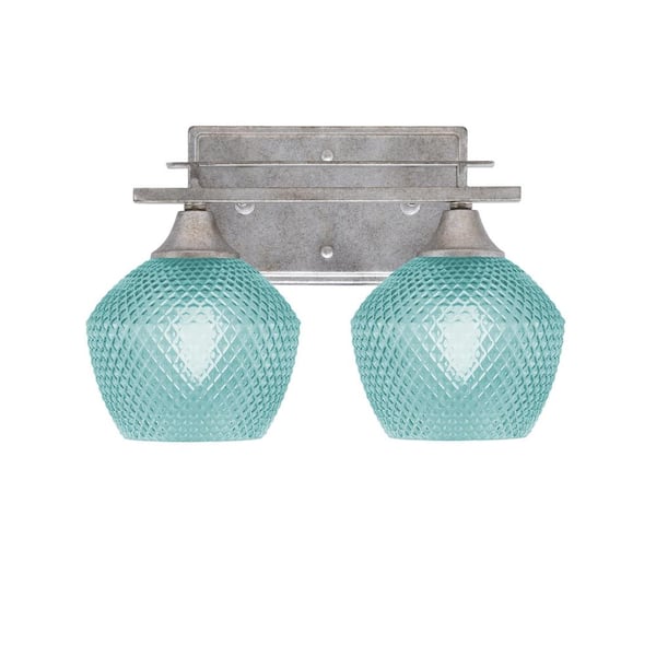 Unbranded Ontario 13.25 in. 2-Light Vanity Light Aged Silver Turquoise Textured Glass Shade