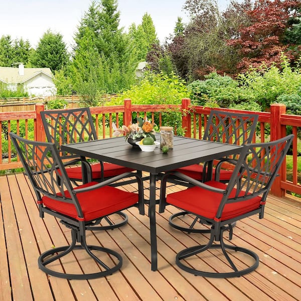 Black 5-Piece Metal Square Outdoor Dining Set with Red Cushions and 1.57 in. Umbrella Hole, Swivel Design