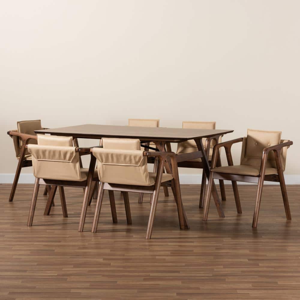 Marcena Walnut Brown 7-Piece Dining Set with Beige Imitation Leather Chairs