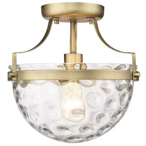 Quinn 10.5 in. 1-Light Antique Brass 1-Light Semi-Flush Mount with Clear Wavey glass
