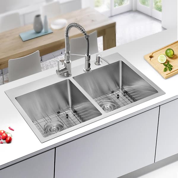 Spazio 33 in Double Bowl Kitchen Sink, 16 Gauge Stainless Steel with Grids  and Square Basket Strainers, by Stylish