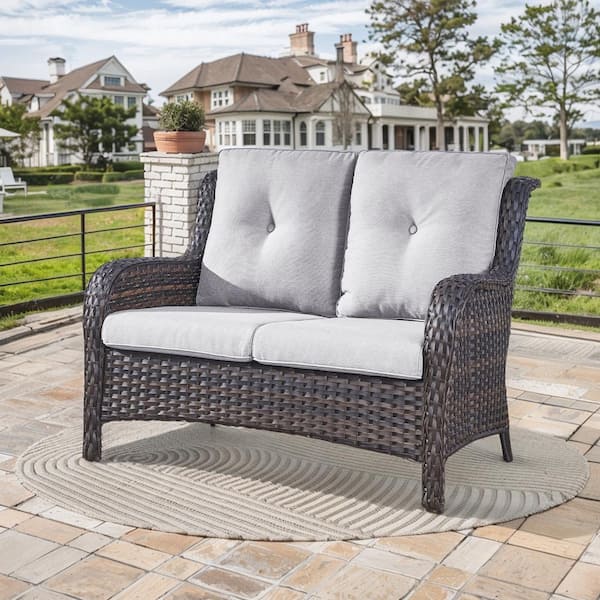 ArcoBay 51.5-Inch Brown Wicker and Metal Frame Outdoor Patio Loveseat with Beige Cushions