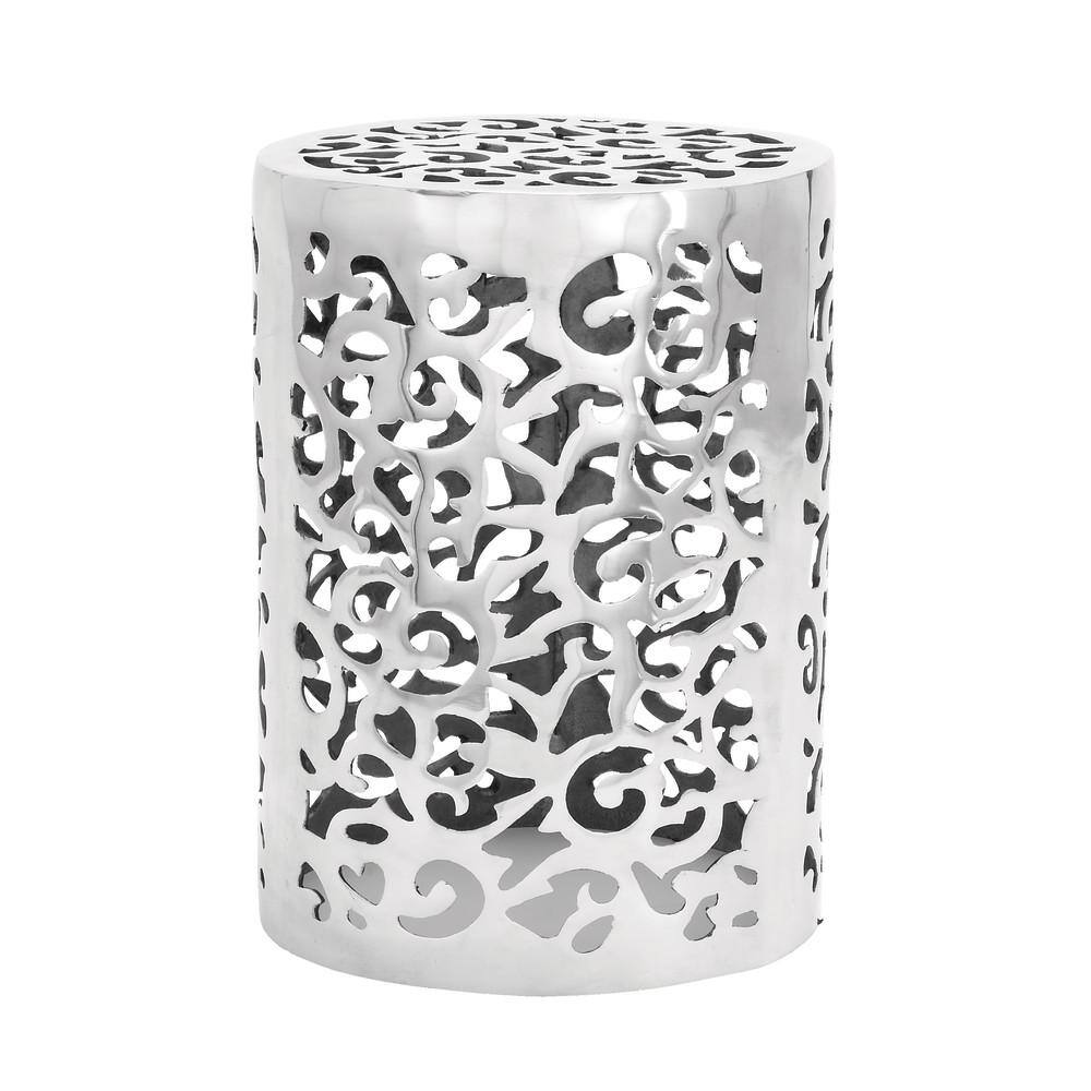 Polished Silver Round Metal Accent Table with Precision Cut Design