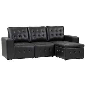 Nuria 87 in. wide Black Leather Sofa with Removable Back Cushions