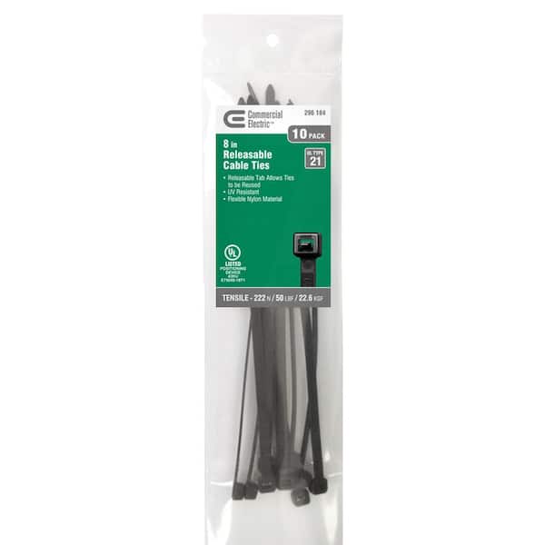 Commercial Electric 8in Reusable Releasable UL 21 Rated Cable Zip Ties 10 Pack UV (Black)