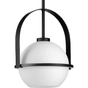 Delayne Collection 12.37 in. 1-Light Matte Black Pendant Light with Etched Opal Shade Modern for Kitchen