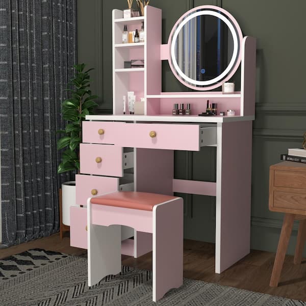 Girls Solid Pink 3 pc Vanity Set Mirror Wooden Table Stool Makeup Drawer Bedroom 