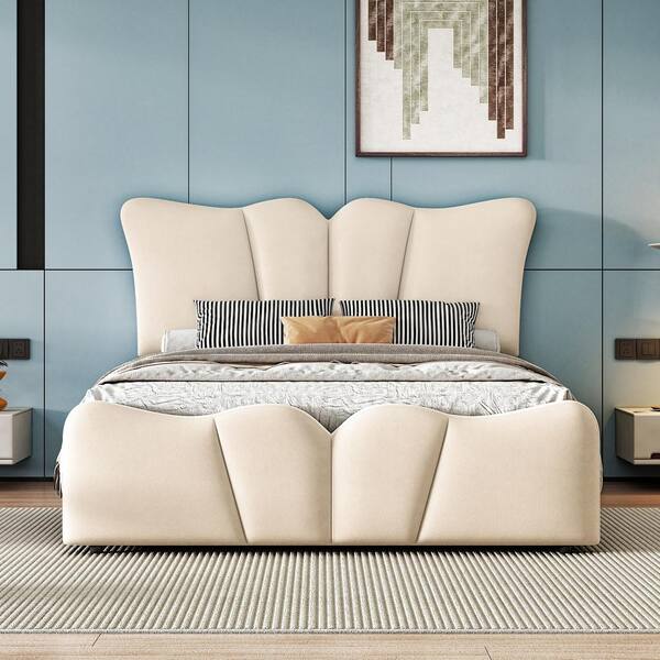 Harper & Bright Designs Beige Wood Frame Twin Size Velvet