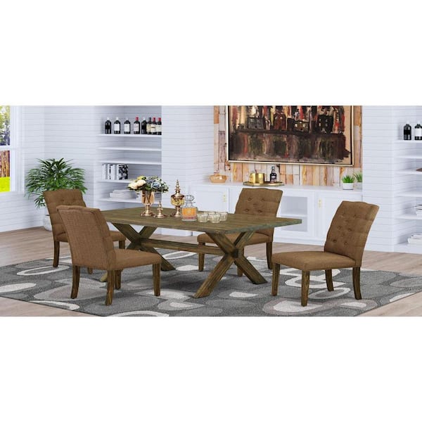 East West Furniture 5-Piece Rectangle Distressed Jacobean Finish Solid Wood Top Dining Table with 4 Upholstered-Chairs with Lattice Back