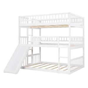 White Full Triple Bed with Built-in Ladder and Slide, Triple Bunk Bed with Guardrails
