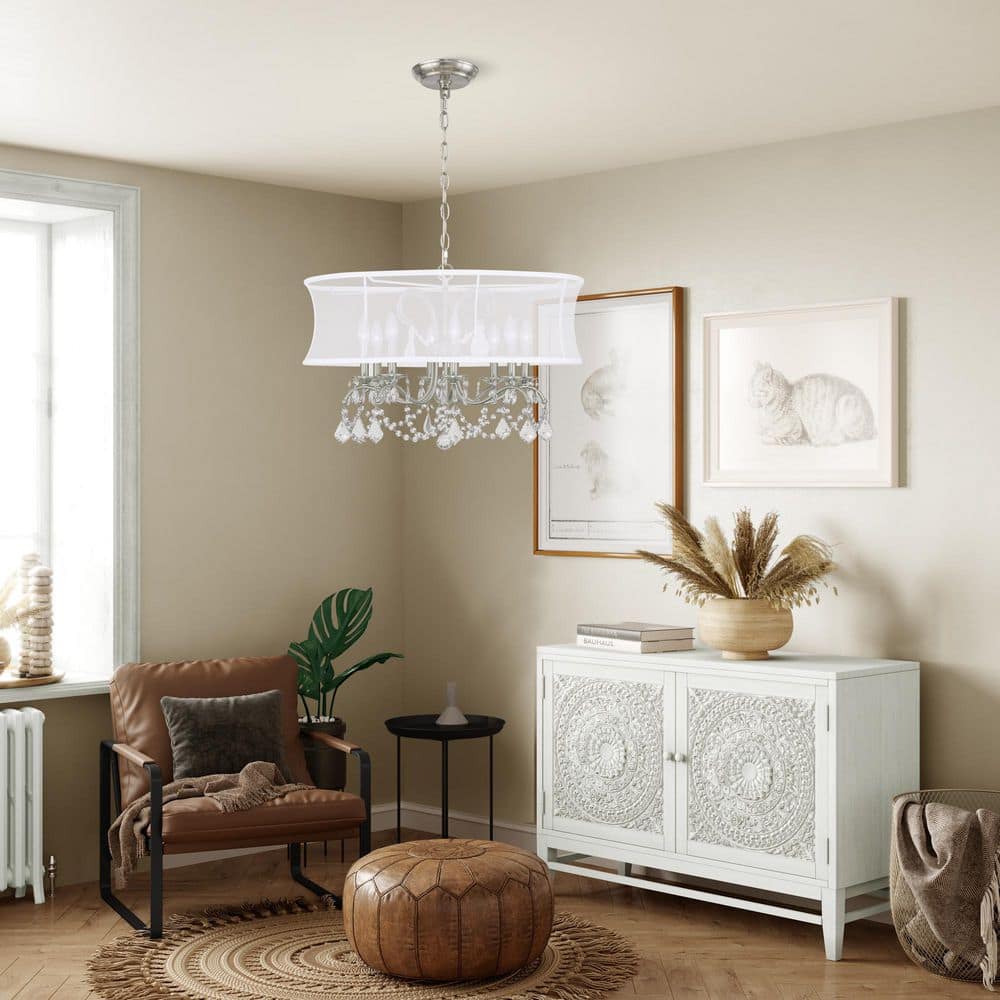 Brushed Nickel and Crystal 8-Light Chandelier with Silk Shade