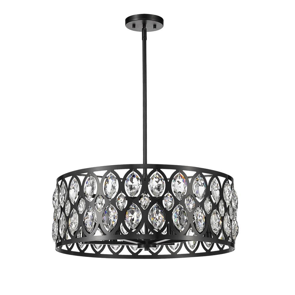 Ellipse-Carved Steel and Crystal 6-Light Chandelier in Matte Black