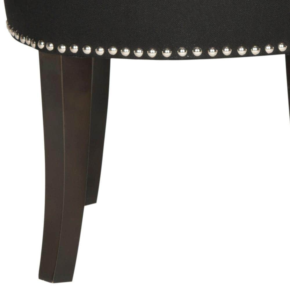 Petite Black Linen Birchwood Vanity Stool with Silver Nailhead Trim