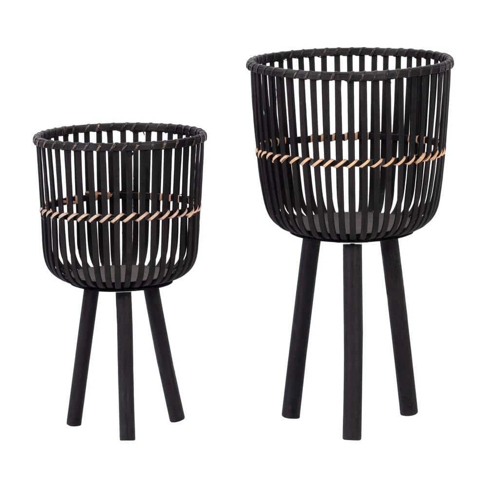 Outdoor Ceramic S/2 Bamboo Footed Planters 10/12 in., Black