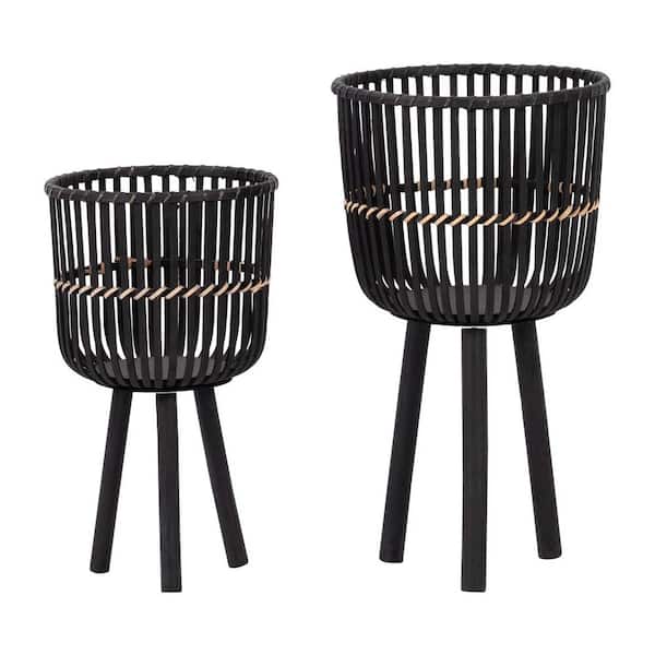 Outdoor Ceramic S/2 Bamboo Footed Planters 10/12 in., Black