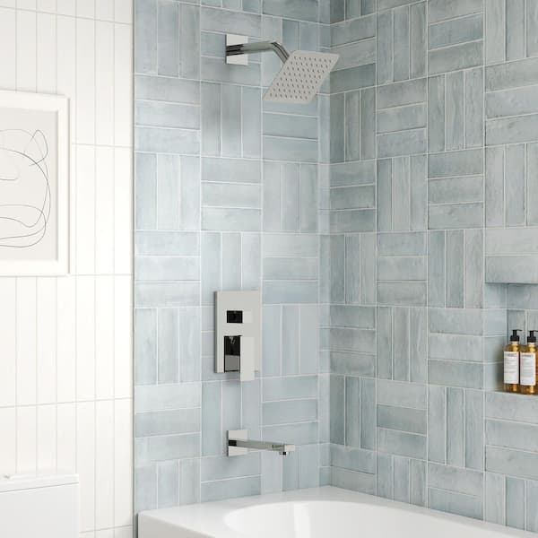 6 in. Modern Minimalist Square Single Handle 2-Spray Tub and Shower Faucet 2.5 GPM in Chrome Valve Included