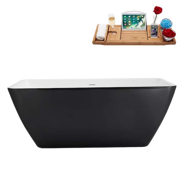 59 in. x 30 in. Acrylic Freestanding Soaking Bathtub in Glossy Black With Brushed Gold Drain