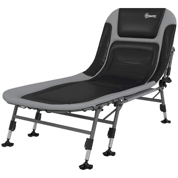 Unbranded Metal Adjustable Reclining Outdoor Lounge Chair, Folding Camping Cot for Adults with Gray Cushions and Headrest