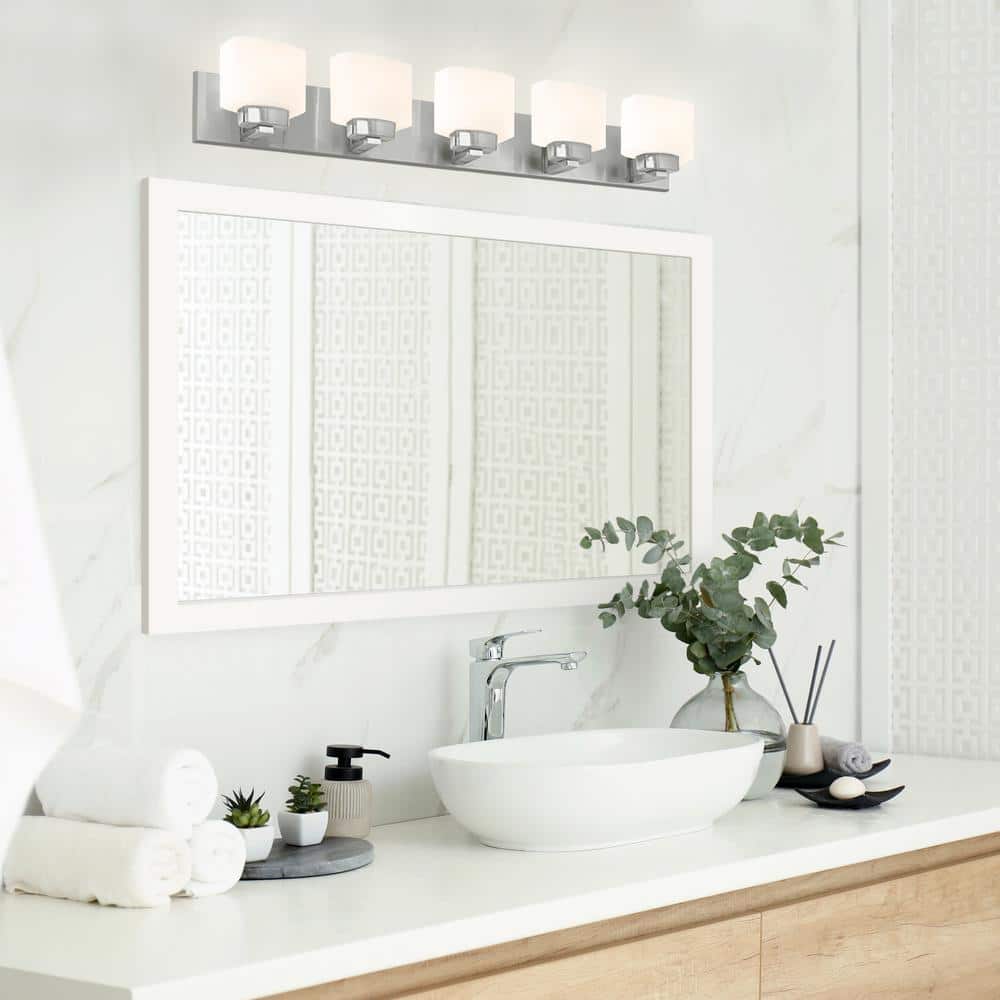 Satin Nickel 5-Light Vanity Light with Frosted Glass Shades