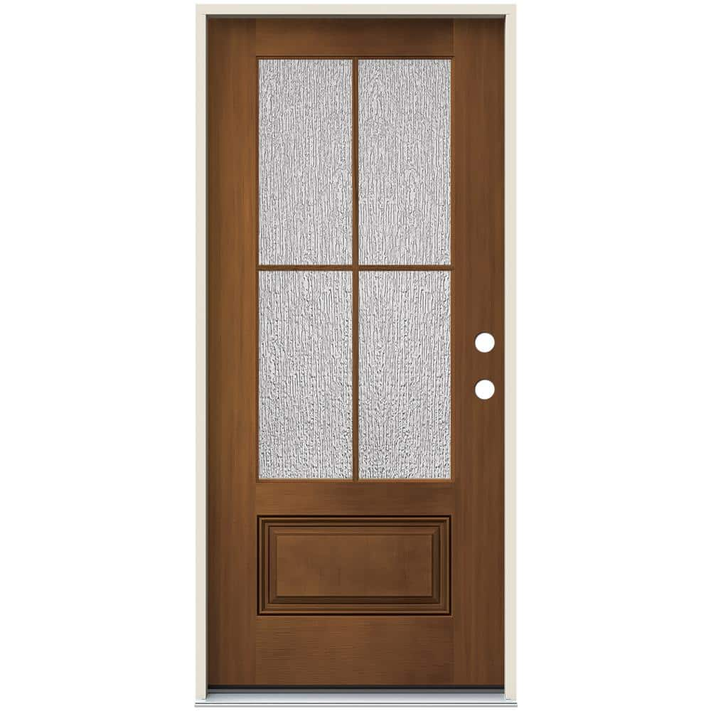 Jeld Wen 36 In X 80 In Left Hand 34 Lite Rain Decorative Glass Mocha Stain Fiberglass Prehung