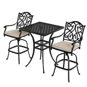 Black 3-Piece Cast Aluminum Patio Outdoor Bistro Set with 2 High Bar Swivel Chairs, Square Table, Beige Cushion (Seat 4)