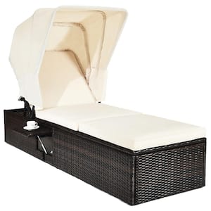 Wicker Outdoor Reclining Chaise Lounge with Folding Canopy and Off-White Cushion and Small Table