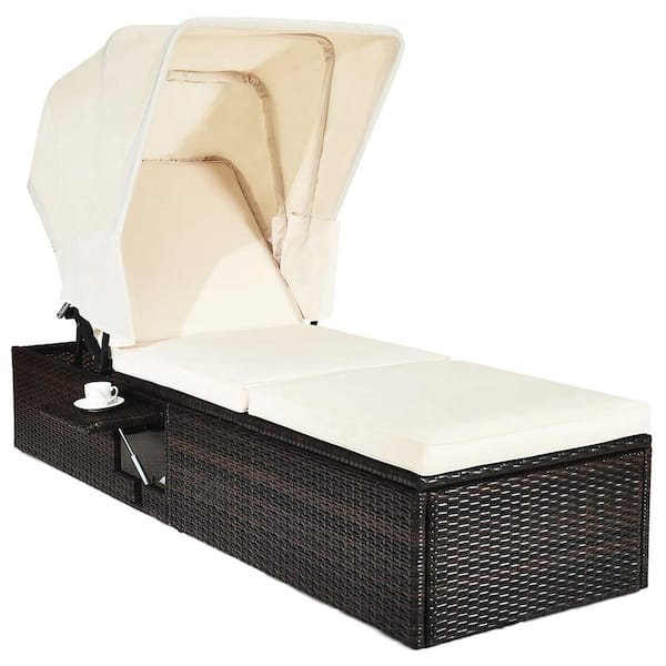 HONEY JOY Wicker Outdoor Reclining Chaise Lounge with Folding Canopy and Off-White Cushion and Small Table