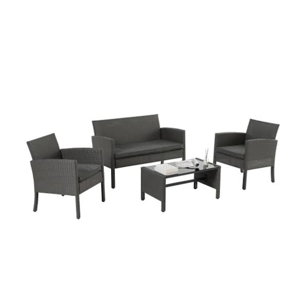 Misopily 4-Piece Gray Rattan PE Wicker Outdoor Conversation Set with Tempered Glass Table and Gray Cushions