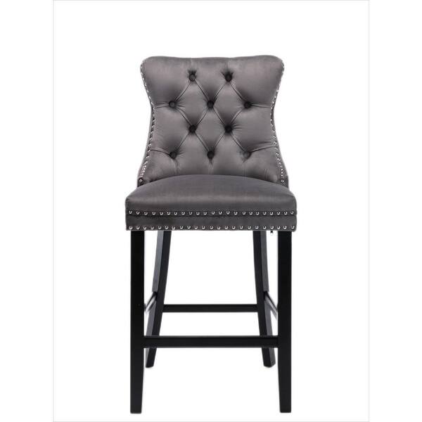 Clihome 41.30 in. H Gray Upholstered Hige Back Bar Stool with Nailhead