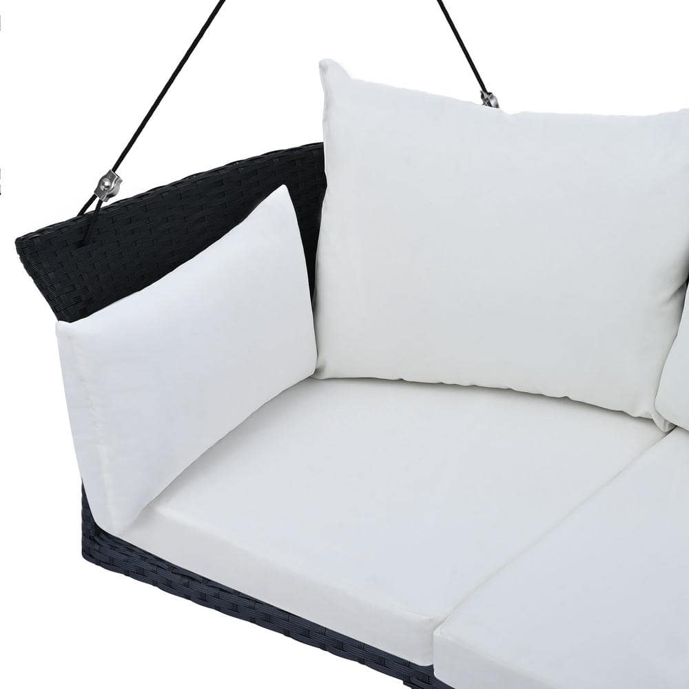 Black Wicker and White Cushion 2-Person Porch Swing