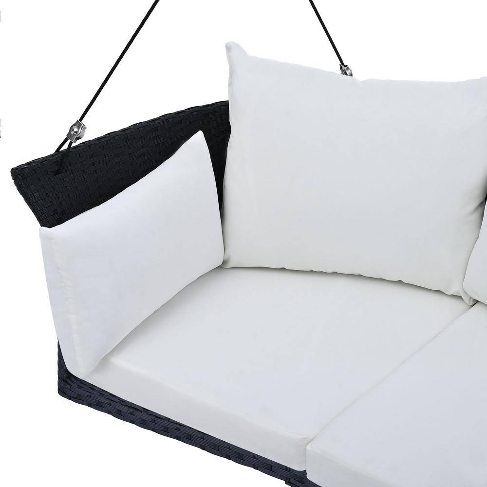 Black Wicker and White Cushion 2-Person Porch Swing